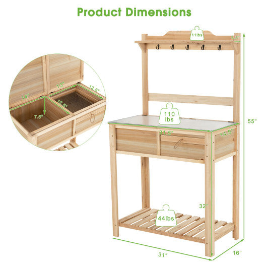 Outdoor Garden Potting Bench Table with Metal Top Open Shelf