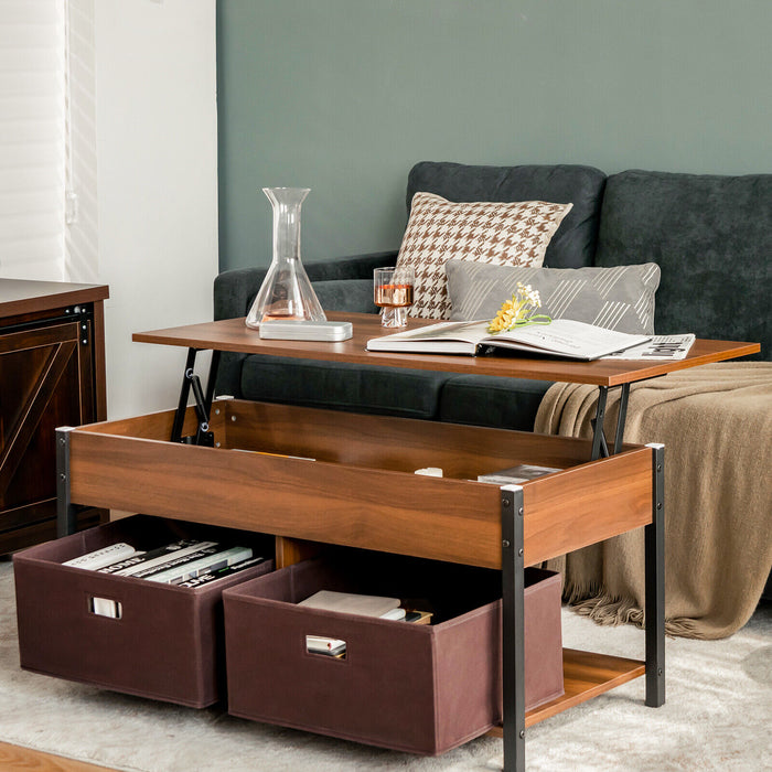 Lift Top Coffee Table Central Table with Drawers and Hidden Compartment for Living Room-Brown