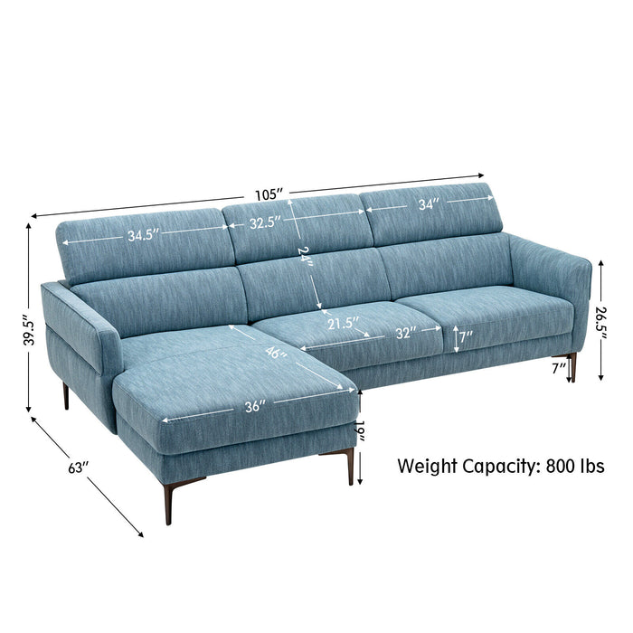 105 Inch L-Shaped Sofa Couch with 3 Adjustable Headrests-Blue