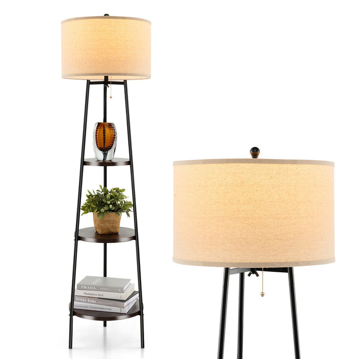 Shelf Floor Lamp with Storage Shelves and Linen Lampshade