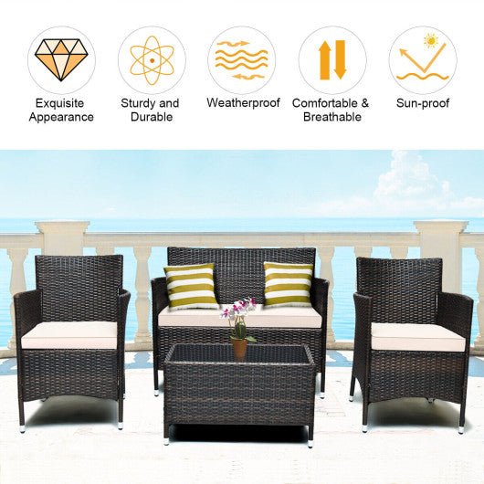 4 Pieces Comfortable Outdoor Rattan Sofa Set with Glass Coffee Table-Beige & Turquoise