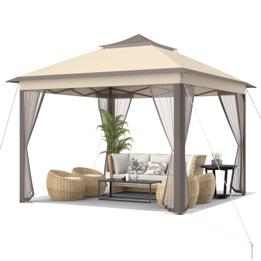 2-Tier Pop-Up Gazebo Tent Portable Canopy Shelter Carry Bag Mesh-Brown