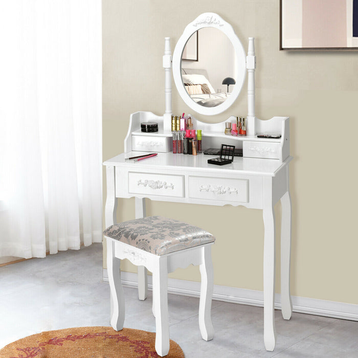 Vanity Table Set with Oval Mirror and 4 Drawers-White