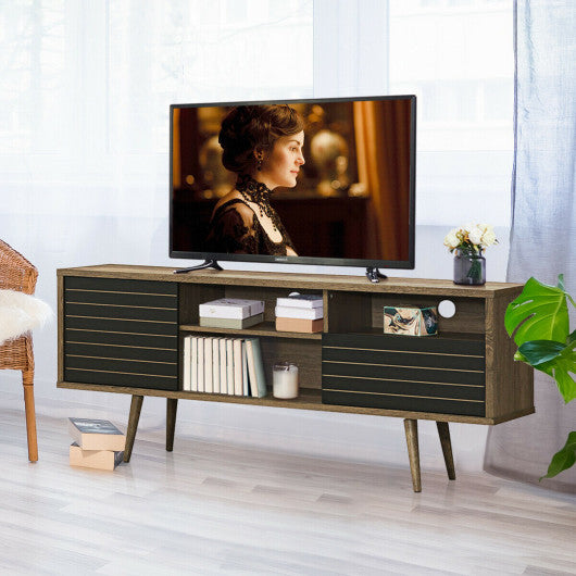 Mid-Century Modern TV Stand for TVs up to 65 Inch with Storage Shelves-Walnut & Black