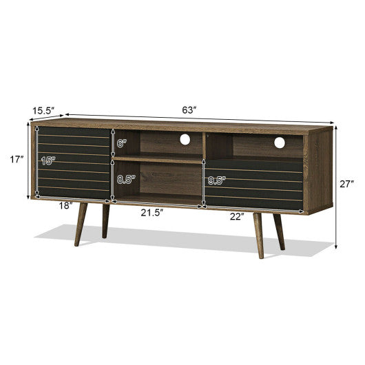 Mid-Century Modern TV Stand for TVs up to 65 Inch with Storage Shelves-Walnut & Black