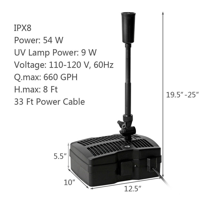 All-in-One 660 GPH Pond Filter Pump with Sterilizer and Fountain Jet