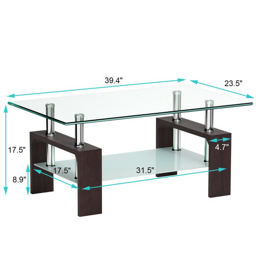 Rectangular Tempered Glass Coffee Table with Shelf-Black