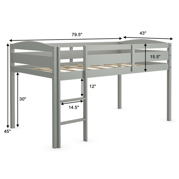 Wooden Twin Low Loft Bunk Bed with Guard Rail and Ladder-Gray