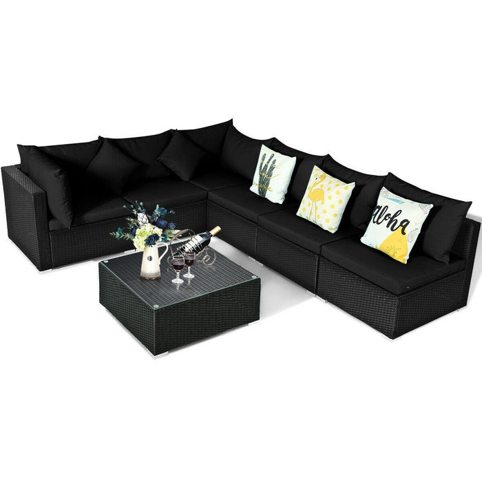 7 Pieces Outdoor Sectional Wicker Patio Furniture Sofa Set with Tempered Glass Top and Softy Cushions-Black