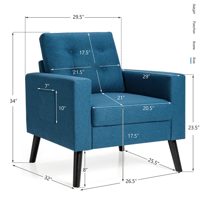 Mid-Century Upholstered Armchair Club Chair with Rubber Wood Legs-Blue