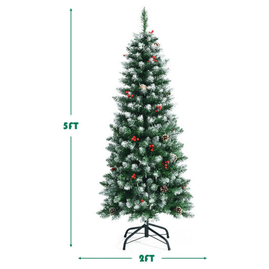 Pre-lit Artificial Pencil Christmas Tree with Pine Cones and Red Berries-5 ft