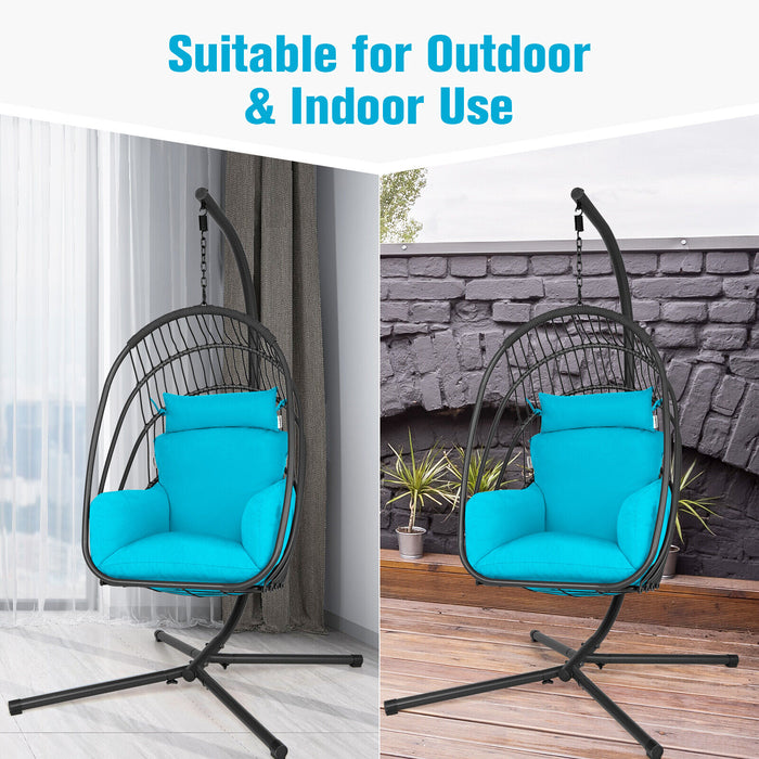 Hanging Folding Egg Chair with Stand Soft Cushion Pillow Swing Hammock-Turquoise