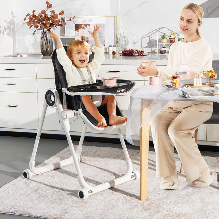 Baby High Chair Foldable Feeding Chair with 4 Lockable Wheels-Black