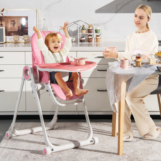 Baby High Chair Foldable Feeding Chair with 4 Lockable Wheels-Pink