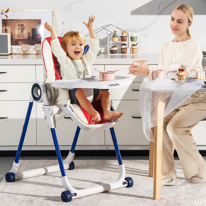 Baby High Chair Foldable Feeding Chair with 4 Lockable Wheels-Red