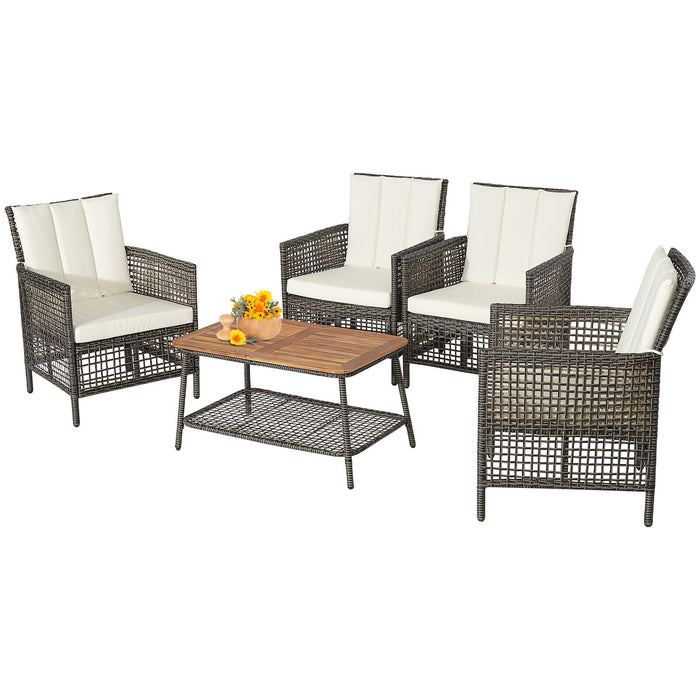 5 Pieces Patio Rattan Furniture Set Cushioned Sofa Armrest Wooden Tabletop-Off White