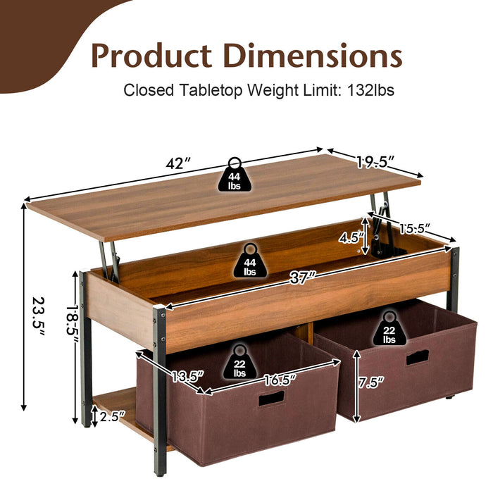 Lift Top Coffee Table Central Table with Drawers and Hidden Compartment for Living Room-Brown