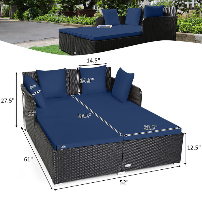 Spacious Outdoor Rattan Daybed with Upholstered Cushions and Pillows-Navy