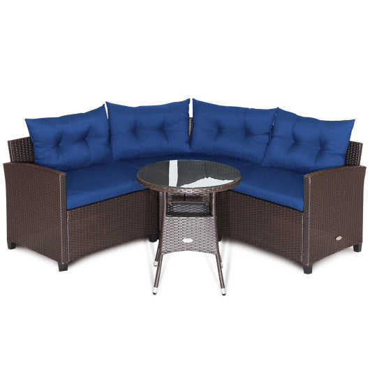 4 Pieces Patio Rattan Furniture Set Cushioned Sofa Glass Table-Navy