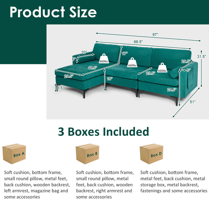 Modular 1/2/3/4-Seat L-Shaped Sectional Sofa Couch with Socket USB Port-3-Seat L-shaped