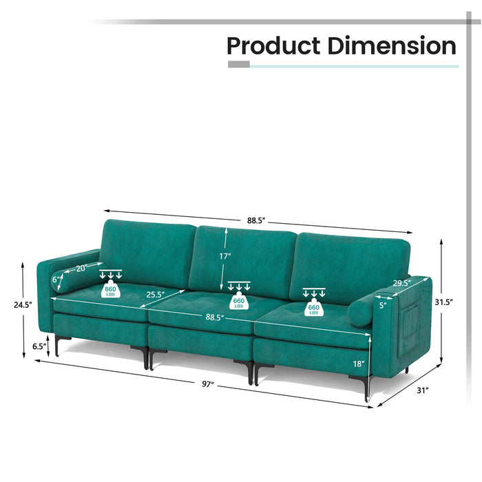 3-Seat Sofa Sectional with Side Storage Pocket and Metal Leg-3-Seat