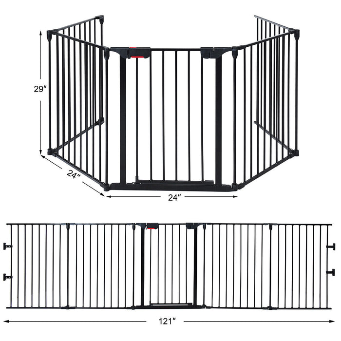 115 Inch Length 5 Panel Adjustable Wide Fireplace Fence-Black