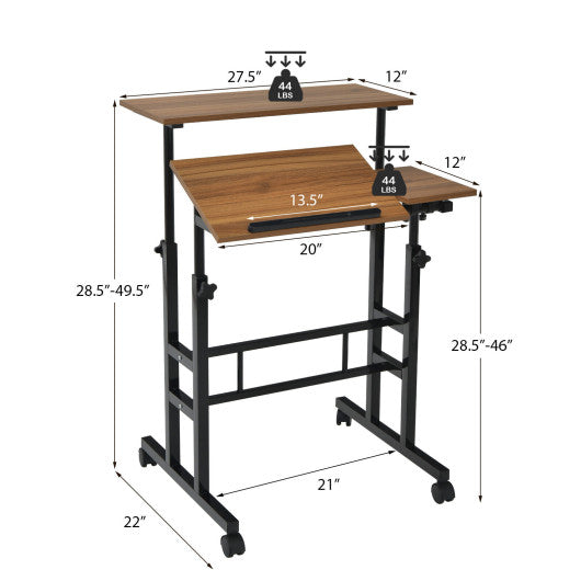 Mobile Standing up Desk Adjustable Computer Desk Tilting Workstation-Walnut