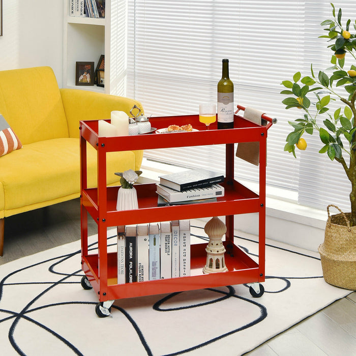 3-Tier Utility Cart Metal Mental Storage Service Trolley-Red