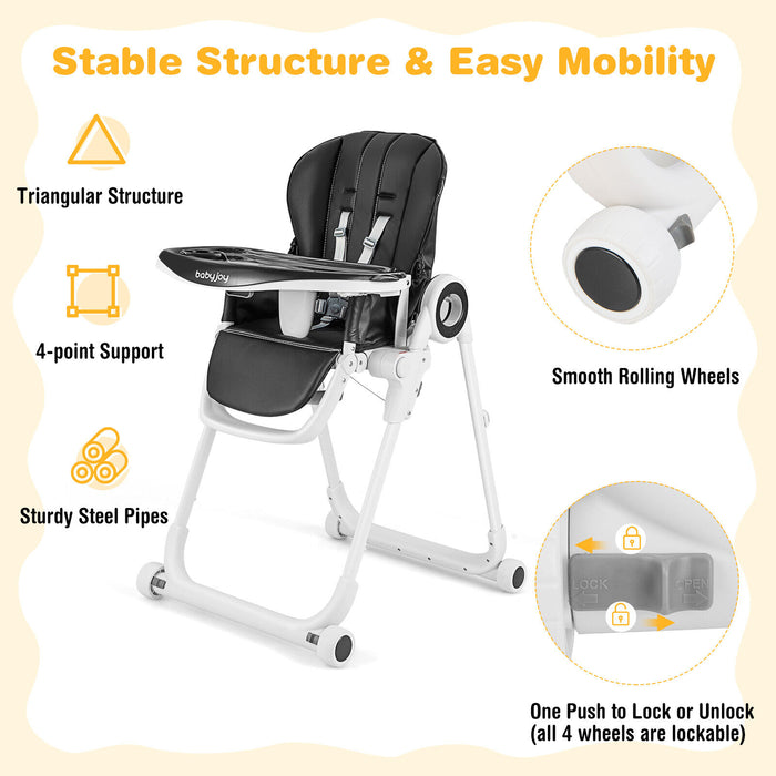 Baby High Chair Foldable Feeding Chair with 4 Lockable Wheels-Black