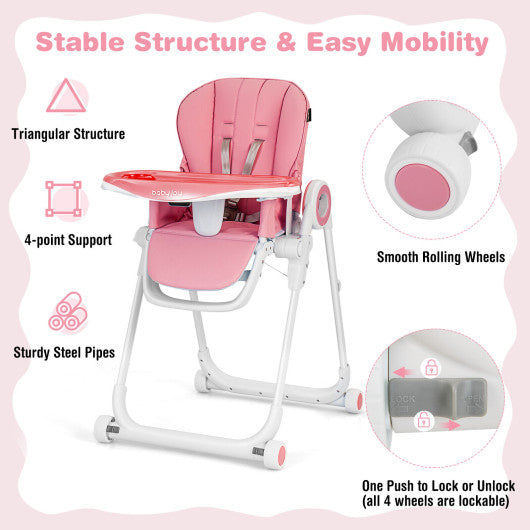 Baby High Chair Foldable Feeding Chair with 4 Lockable Wheels-Pink