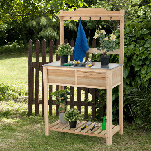 Outdoor Garden Potting Bench Table with Metal Top Open Shelf