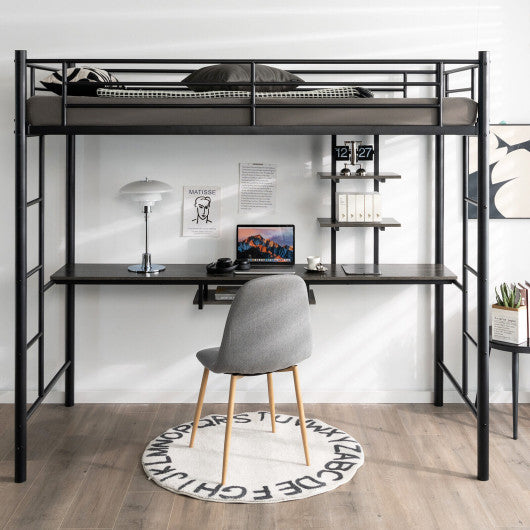 Twin Size Loft Bunk Bed with Desk Storage Shelf and Full Length Ladders-Black