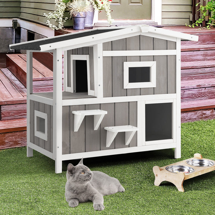 Outdoor 2-Story Wooden Feral Cat House with Escape Door-Gray