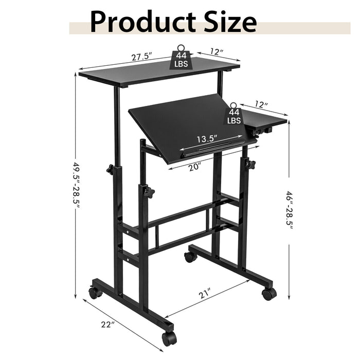 Mobile Stand up Computer Desk with 2 Tilting Desktops-Black