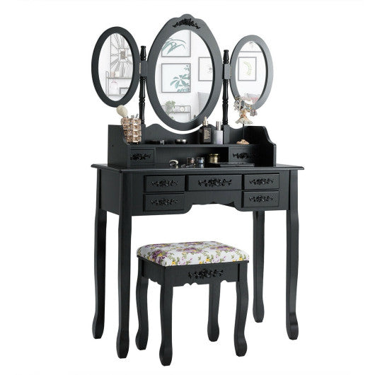 7 Drawer Tri-Folding Mirror Dressing Vanity Makeup Set-Black