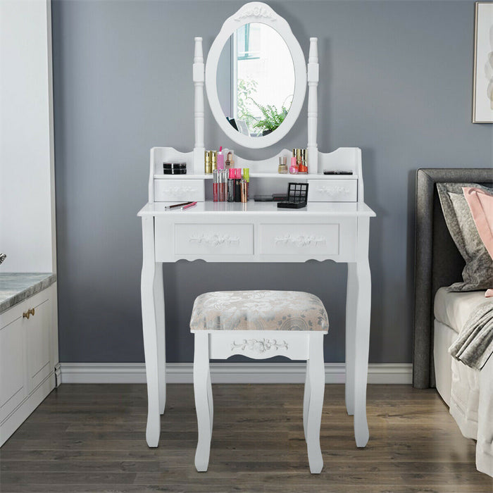 Vanity Table Set with Oval Mirror and 4 Drawers-White