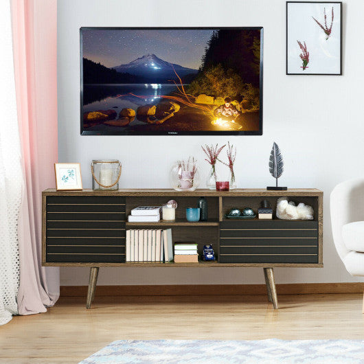 Mid-Century Modern TV Stand for TVs up to 65 Inch with Storage Shelves-Walnut & Black