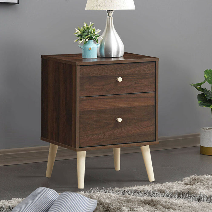 2-Drawer Nightstand Beside End Side Table with Rubber Legs-Brown