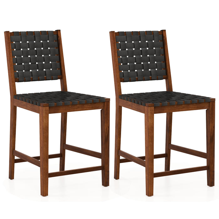 Set of 2 Woven Bar Stools with Faux PU Leather Straps-Black