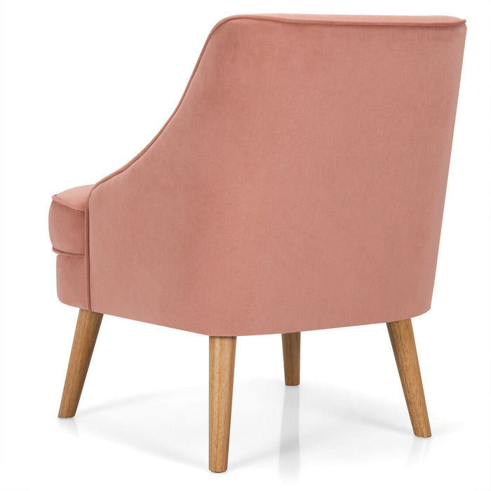 Mid Century Velvet Accent Chair with Rubber Wood Legs for Bedroom-Pink