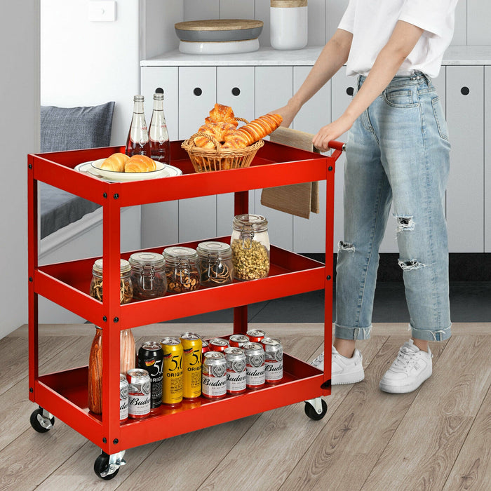 3-Tier Utility Cart Metal Mental Storage Service Trolley-Red