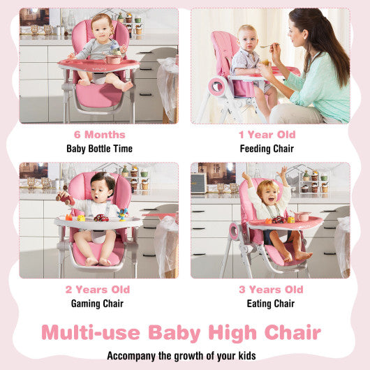 Baby High Chair Foldable Feeding Chair with 4 Lockable Wheels-Pink