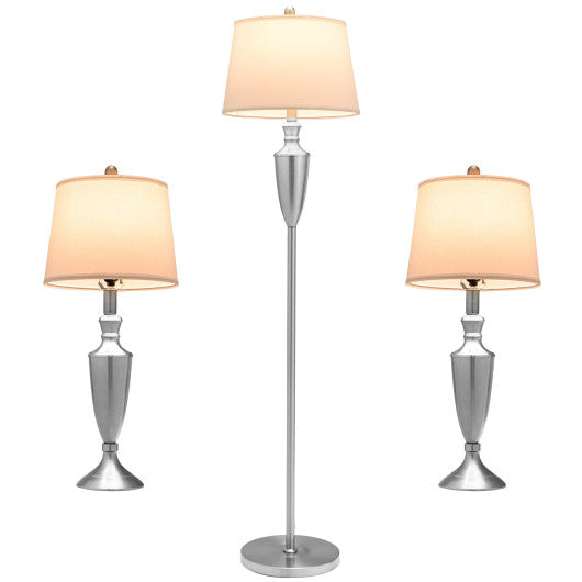 3 Piece Lamp with Set Modern Floor Lamp and 2 Table Lamps-Silver