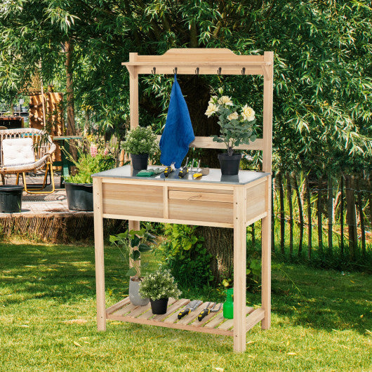 Outdoor Garden Potting Bench Table with Metal Top Open Shelf