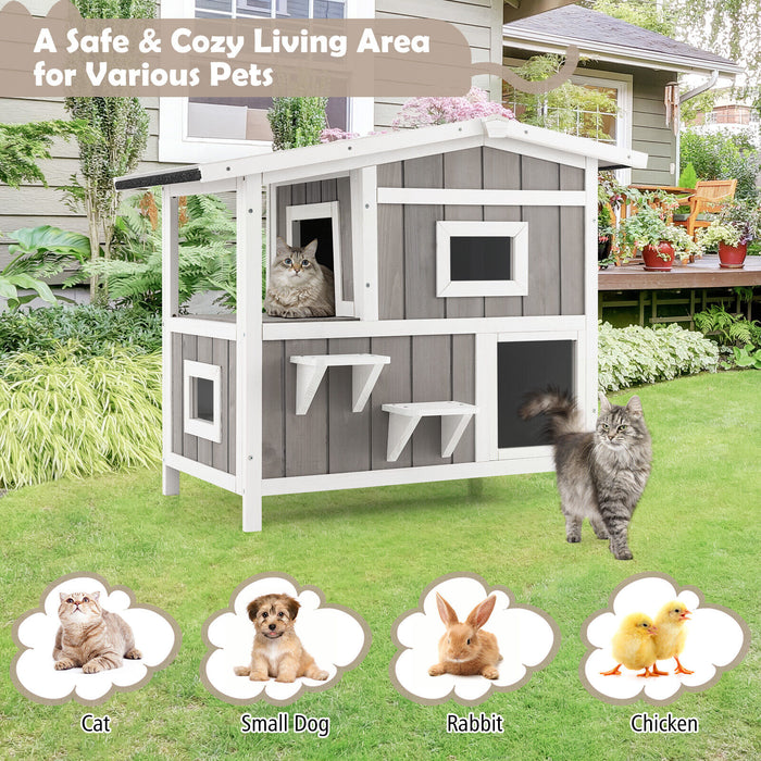 Outdoor 2-Story Wooden Feral Cat House with Escape Door-Gray