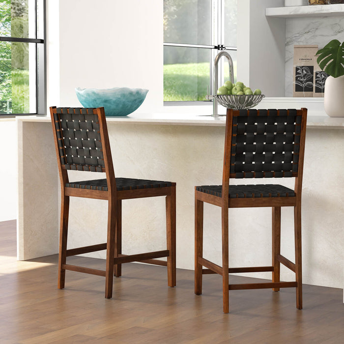 Set of 2 Woven Bar Stools with Faux PU Leather Straps-Black