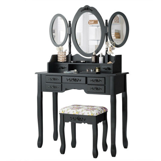 7 Drawer Tri-Folding Mirror Dressing Vanity Makeup Set-Black