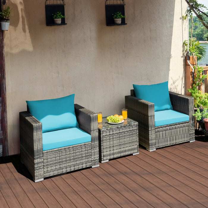 3 Pieces Patio Rattan Furniture Bistro Sofa Set with Cushioned-Turquoise