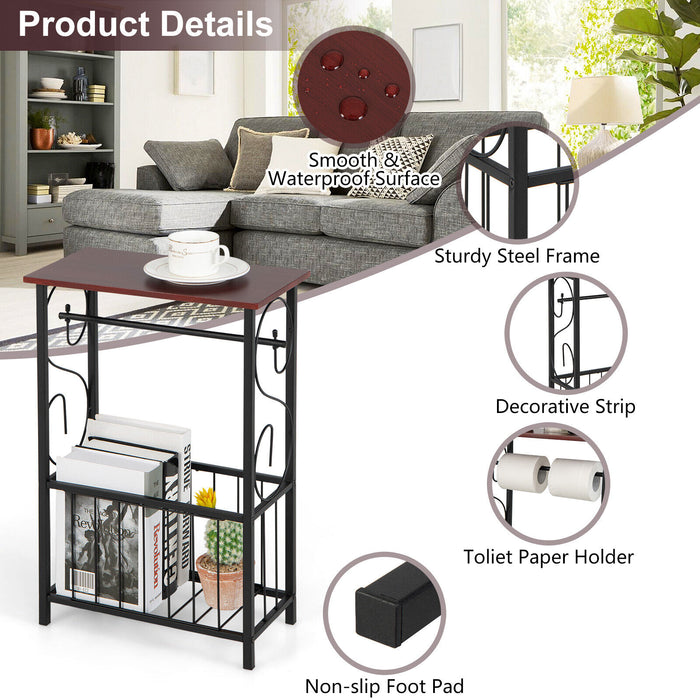 Side Sofa Narrow Table with Removable Paper Holder for Living Room-Brown