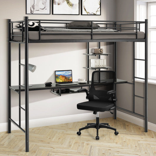 Twin Size Loft Bunk Bed with Desk Storage Shelf and Full Length Ladders-Black